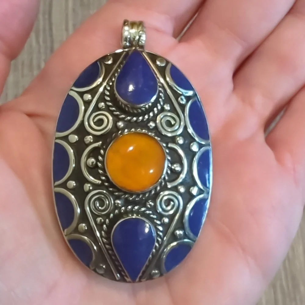 Tibetan Silver Lapis And Copal Pendant
